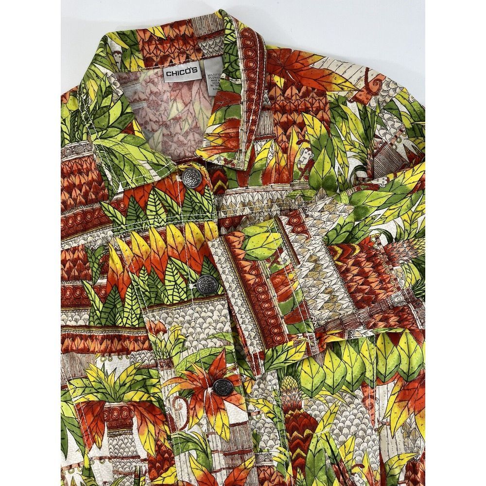 VTG Chicos‎ Jacket Orange Green Jungle Monkeys Button Front Size 3 (XL) Artsy